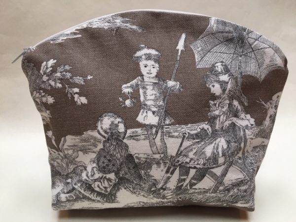 Kosmetiktasche, Schminktasche, Toile de Jouy, altes Leinen, mokka