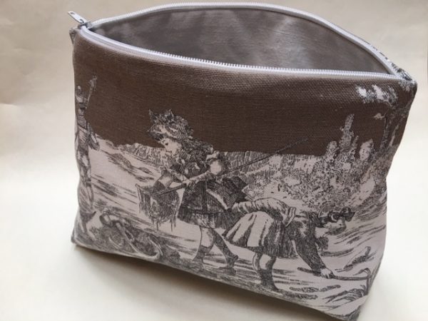 Kosmetiktasche, Schminktasche, Kuturtasche, Toile de Jouy, altes Leinen, mokka