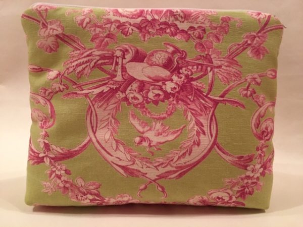 Kosmetiktasche, Kulturtasche, Toile de Jouy, altes Leinen, pistazie-himbeer
