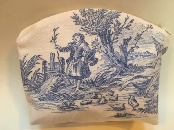 Kosmetiktasche, Schminktasche, Toile de Jouy, altes Leinen, blau