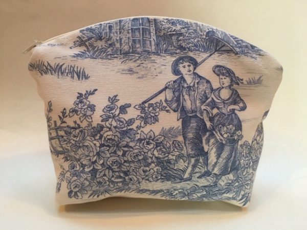 Kosmetiktasche, Schminktasche, Toile de Jouy, altes Leinen, blau