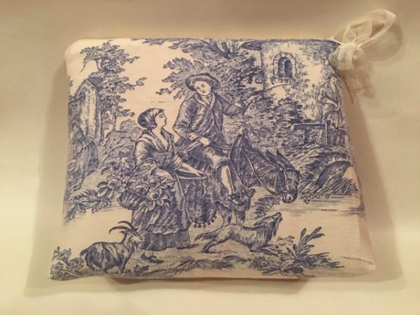 Kosmetiktasche, Kulturtasche, Toile de Jouy, altes Leinen, blau